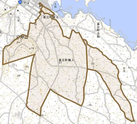 富江町職人とその周辺の地図。町の範囲を重ねている