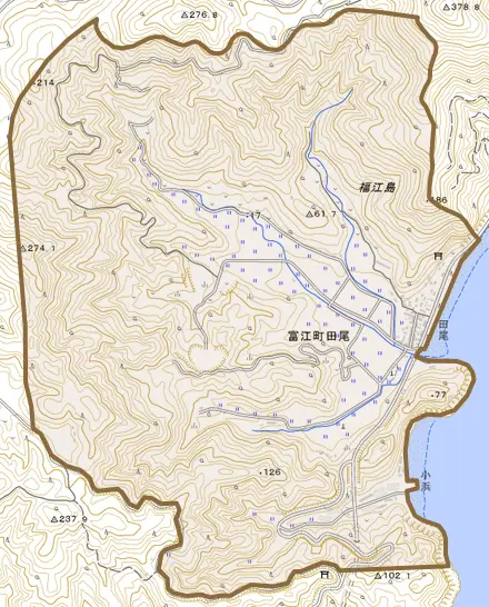 富江町田尾とその周辺の地図。町の範囲を重ねている