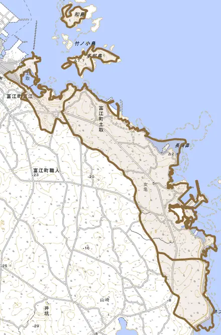富江町土取とその周辺の地図。町の範囲を重ねている