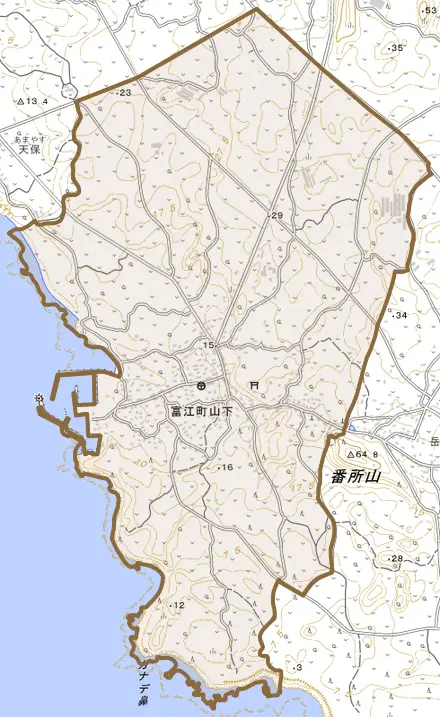 富江町山下とその周辺の地図。町の範囲を重ねている