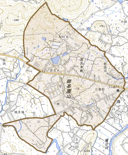 吉久木町とその周辺の地図。町の範囲を重ねている