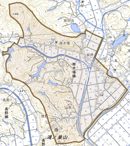 稗木場郷とその周辺の地図。町の範囲を重ねている