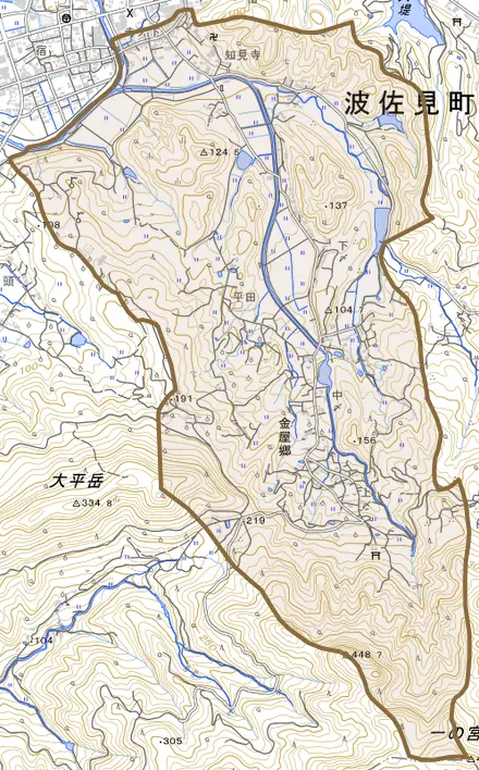 金屋郷とその周辺の地図。町の範囲を重ねている