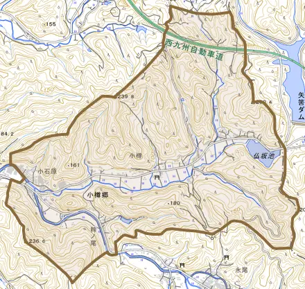 小樽郷とその周辺の地図。町の範囲を重ねている
