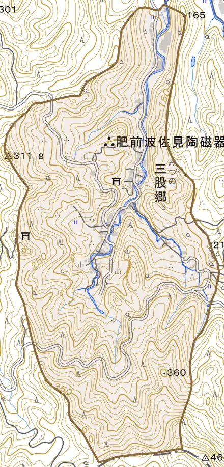 三股郷とその周辺の地図。町の範囲を重ねている