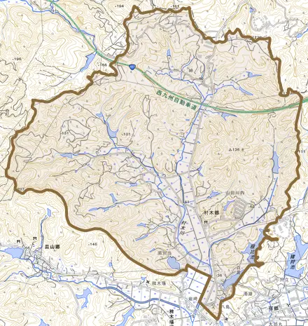 村木郷とその周辺の地図。町の範囲を重ねている