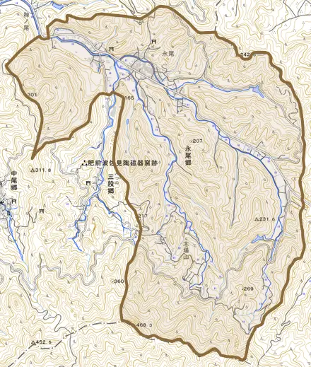 永尾郷とその周辺の地図。町の範囲を重ねている