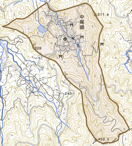 中尾郷とその周辺の地図。町の範囲を重ねている