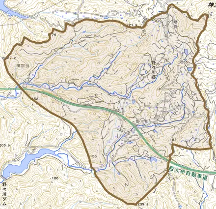 野々川郷とその周辺の地図。町の範囲を重ねている