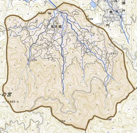 鬼木郷とその周辺の地図。町の範囲を重ねている