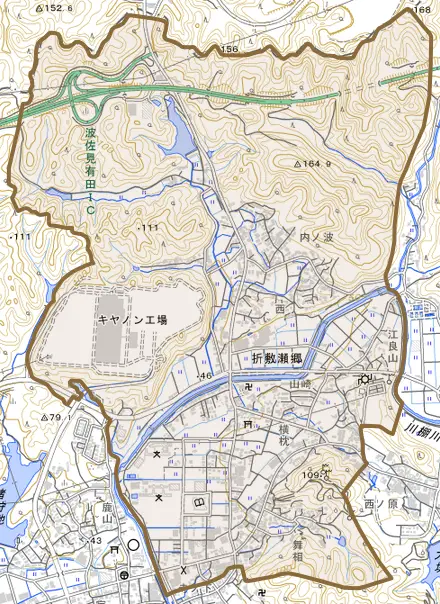 折敷瀬郷とその周辺の地図。町の範囲を重ねている