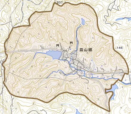 皿山郷とその周辺の地図。町の範囲を重ねている