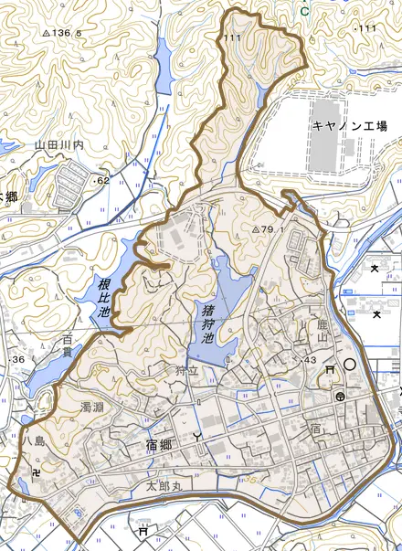 宿郷とその周辺の地図。町の範囲を重ねている