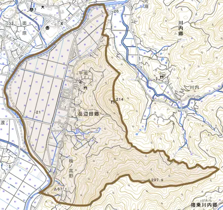 岳辺田郷とその周辺の地図。町の範囲を重ねている