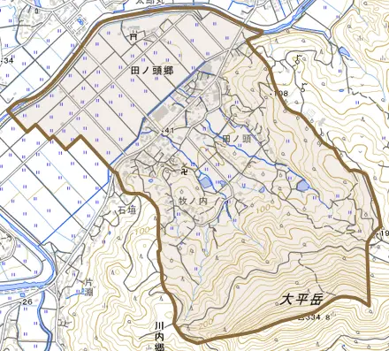 田ノ頭郷とその周辺の地図。町の範囲を重ねている