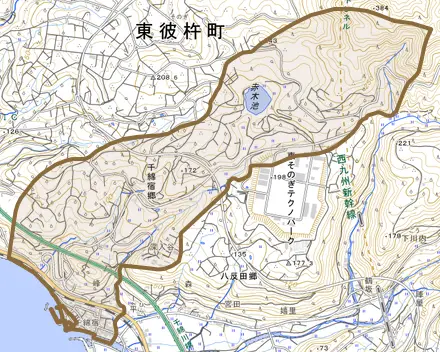 千綿宿郷とその周辺の地図。町の範囲を重ねている