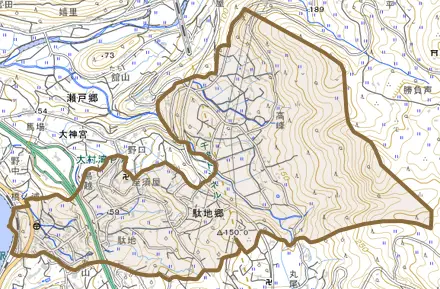 駄地郷とその周辺の地図。町の範囲を重ねている