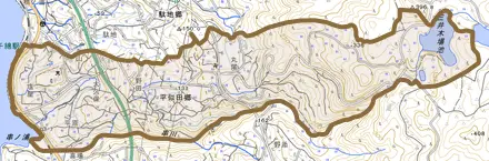 平似田郷とその周辺の地図。町の範囲を重ねている