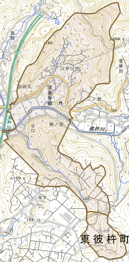 法音寺郷とその周辺の地図。町の範囲を重ねている