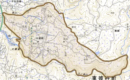木場郷とその周辺の地図。町の範囲を重ねている