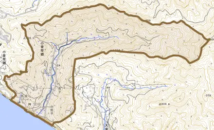 小音琴郷とその周辺の地図。町の範囲を重ねている