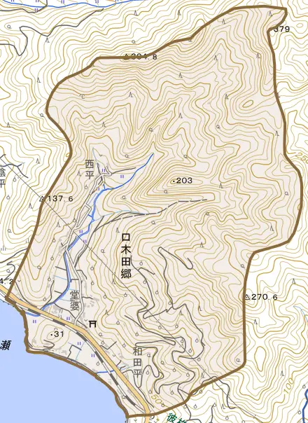 口木田郷とその周辺の地図。町の範囲を重ねている