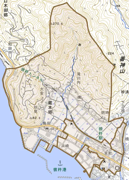 蔵本郷とその周辺の地図。町の範囲を重ねている