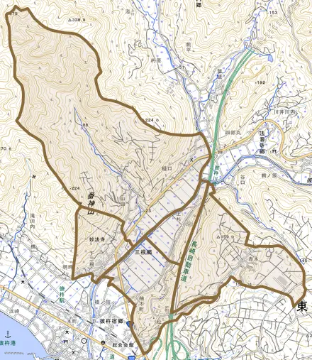 三根郷とその周辺の地図。町の範囲を重ねている