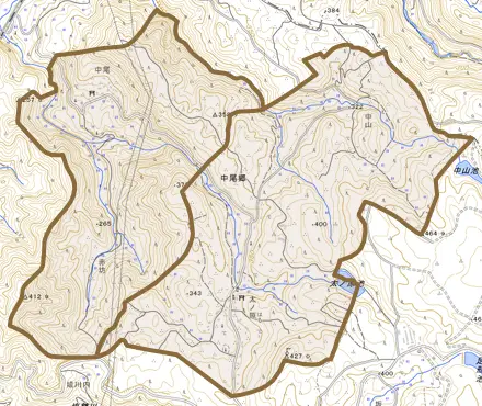 中尾郷とその周辺の地図。町の範囲を重ねている