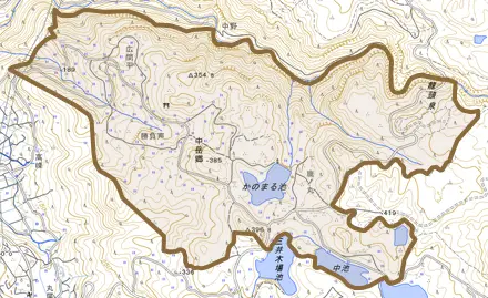 中岳郷とその周辺の地図。町の範囲を重ねている