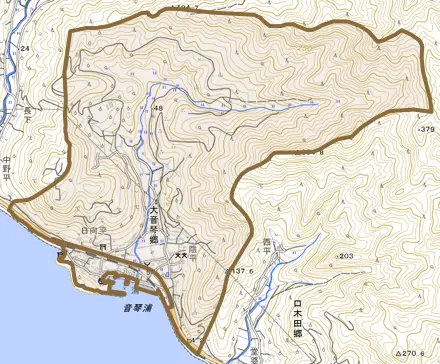 大音琴郷とその周辺の地図。町の範囲を重ねている