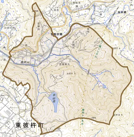 菅無田郷とその周辺の地図。町の範囲を重ねている