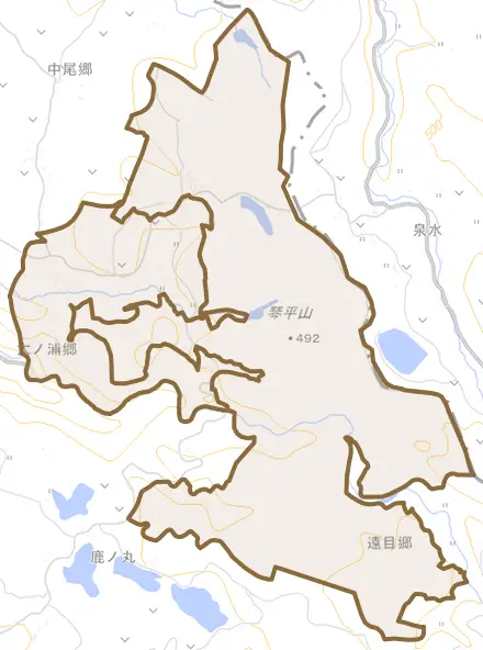 太ノ浦郷とその周辺の地図。町の範囲を重ねている