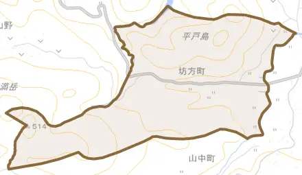坊方町とその周辺の地図。町の範囲を重ねている