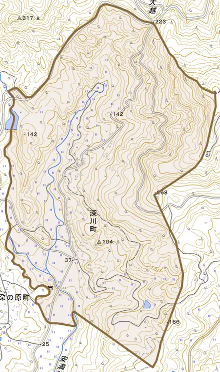 深川町とその周辺の地図。町の範囲を重ねている