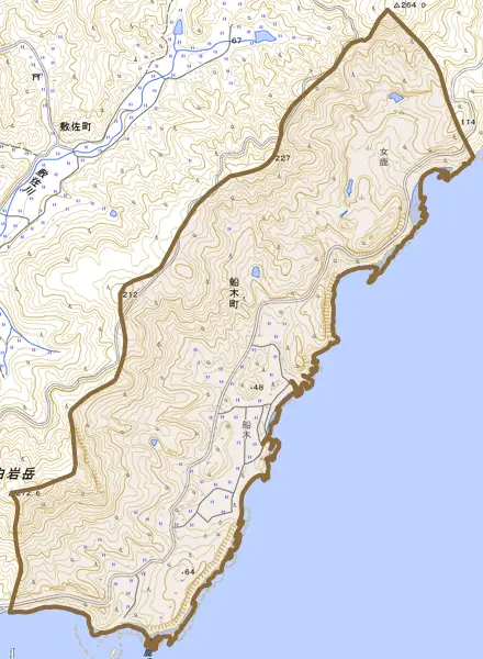 船木町とその周辺の地図。町の範囲を重ねている