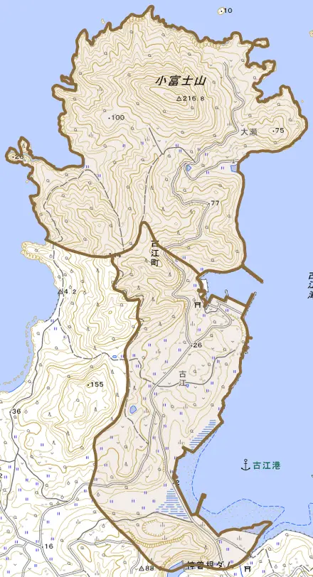古江町とその周辺の地図。町の範囲を重ねている