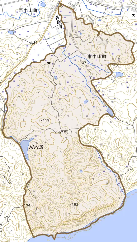 東中山町とその周辺の地図。町の範囲を重ねている