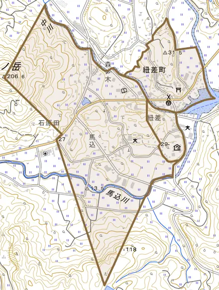 紐差町とその周辺の地図。町の範囲を重ねている