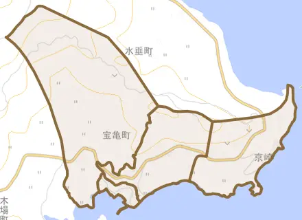 宝亀町とその周辺の地図。町の範囲を重ねている