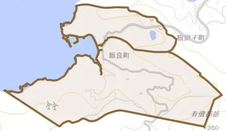 飯良町とその周辺の地図。町の範囲を重ねている