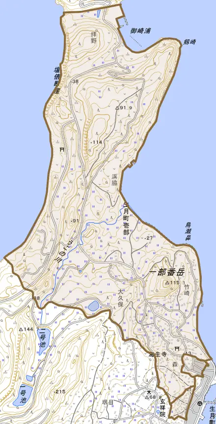 生月町壱部とその周辺の地図。町の範囲を重ねている