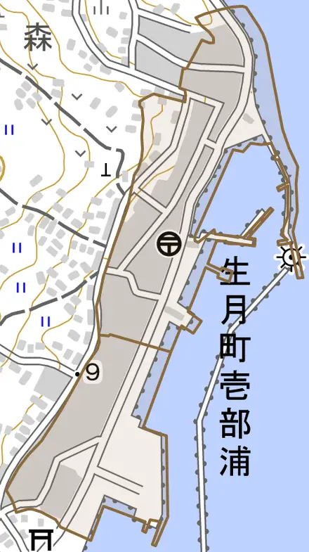 生月町壱部浦とその周辺の地図。町の範囲を重ねている