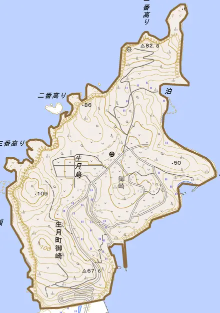 生月町御崎とその周辺の地図。町の範囲を重ねている