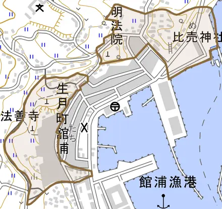 生月町山田免とその周辺の地図。町の範囲を重ねている