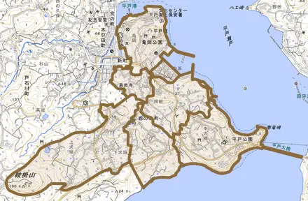 岩の上町とその周辺の地図。町の範囲を重ねている