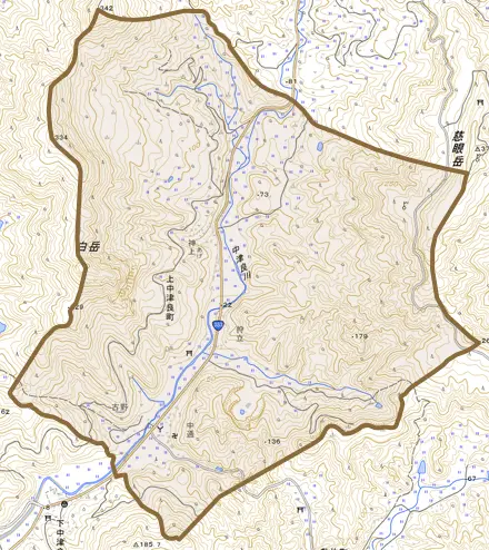 上中津良町とその周辺の地図。町の範囲を重ねている