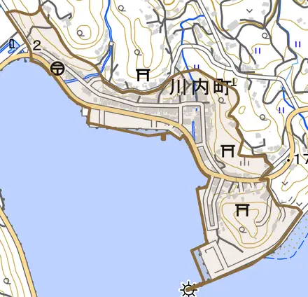 川内町とその周辺の地図。町の範囲を重ねている