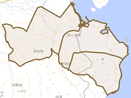 木ヶ津町とその周辺の地図。町の範囲を重ねている