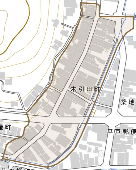 木引田町とその周辺の地図。町の範囲を重ねている